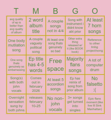 TMBG Album 24 bingo Card