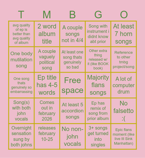 TMBG Album 24 bingo Card
