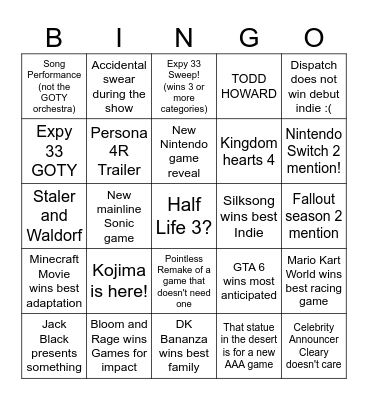 Game Awards 2025 Bingo Card