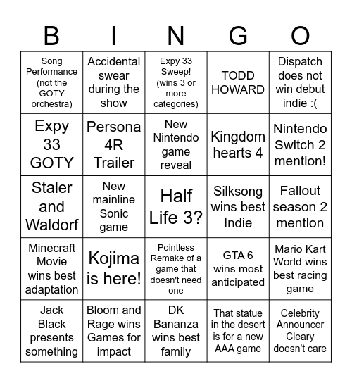 Game Awards 2025 Bingo Card