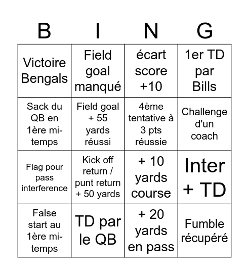 Bingo Bills vs Bengals Bingo Card