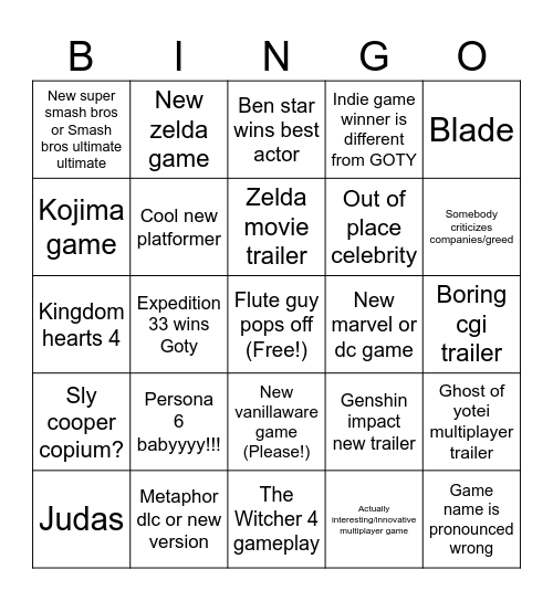 Game awards 2025 Bingo Card