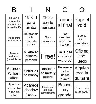 Fnaf 2 película bingo Card