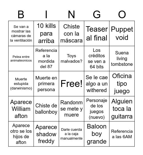 Fnaf 2 película bingo Card