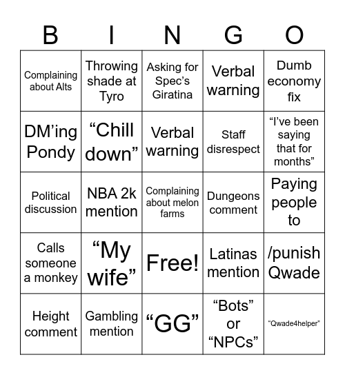 Qwade Bingo Card