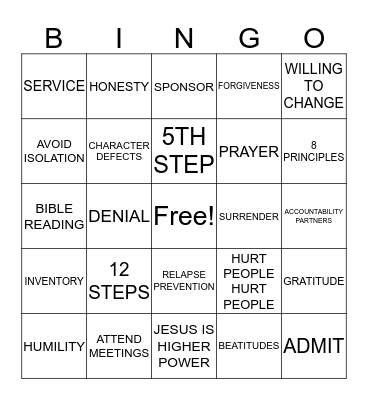 RECOVERY BINGO Card