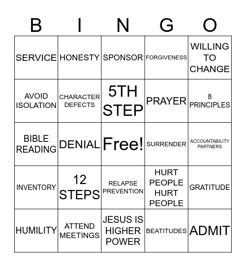 RECOVERY BINGO Card