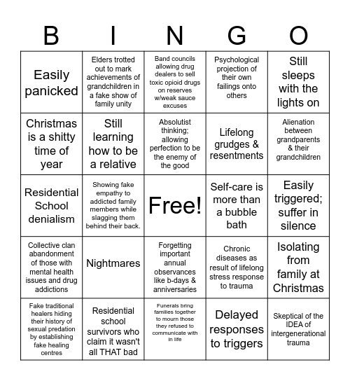 NDN Res. School Survivors at X-Mas Bingo Card