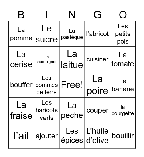 Chapitre 3: La Nourriture Bingo Card