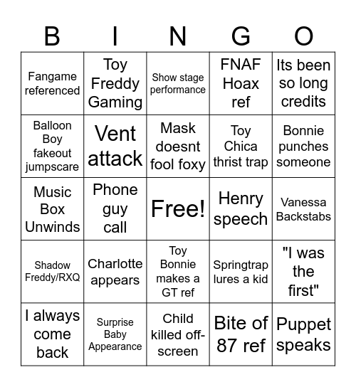 FNAF 2 Bingo Card