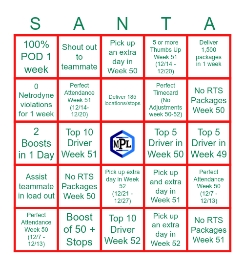 PEAK SANTA BINGO Card