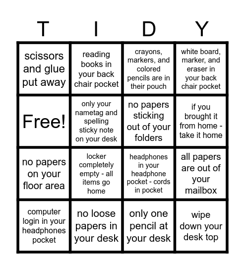 TIDY - UP BINGO Card