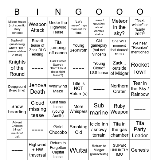 FF7 Part 3 Trailer (UNHINGED EDITION) Bingo Card