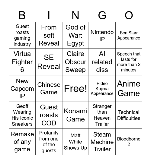 Game Awards Bingo Card