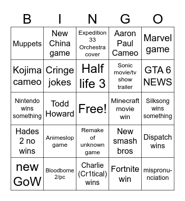 Gam Bingo Card
