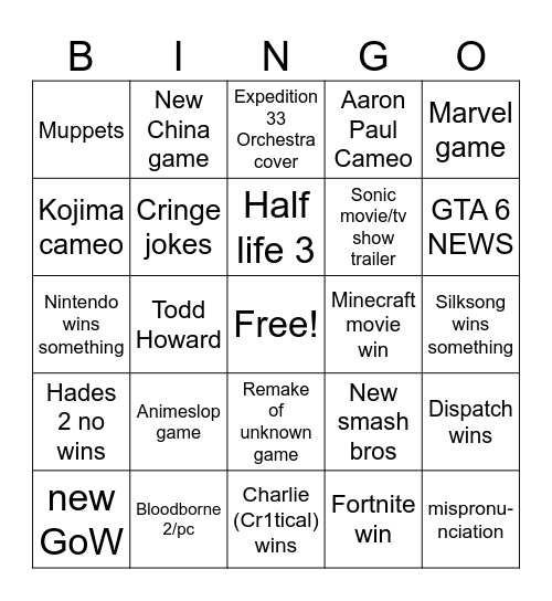 Gam Bingo Card
