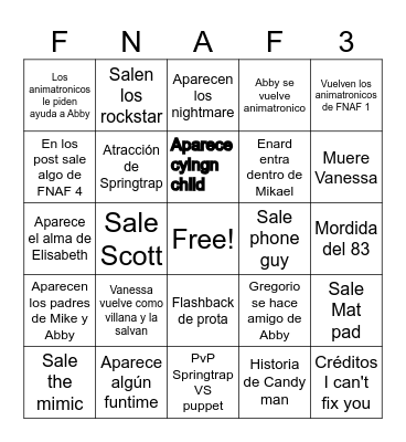 Fnaf 3 Bingo Card