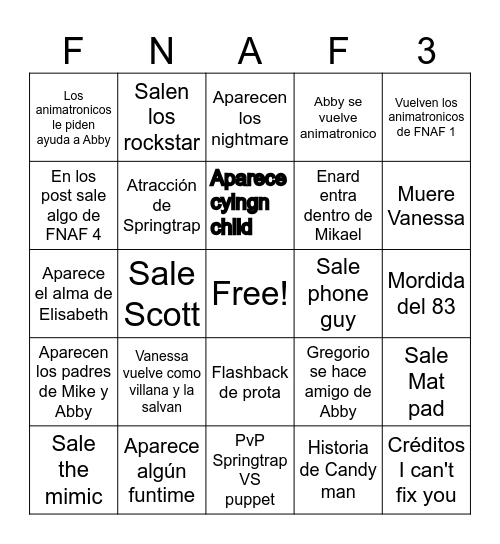 Fnaf 3 Bingo Card