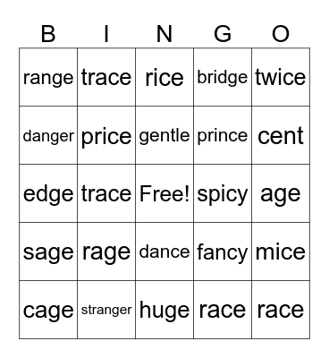 Soft c and Soft g Review Bingo Card