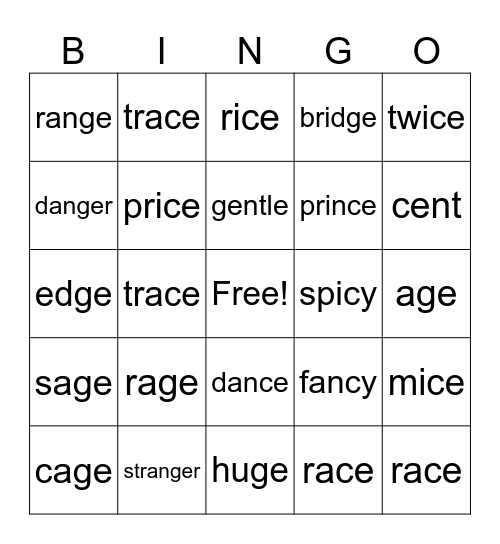 Soft c and Soft g Review Bingo Card