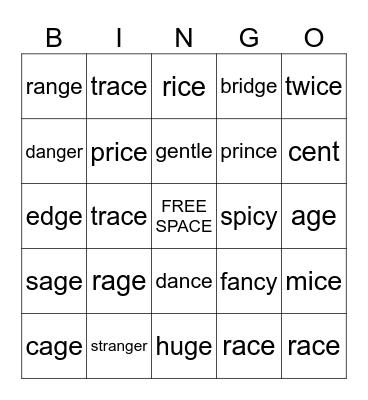 Soft c and Soft g Review Bingo Card