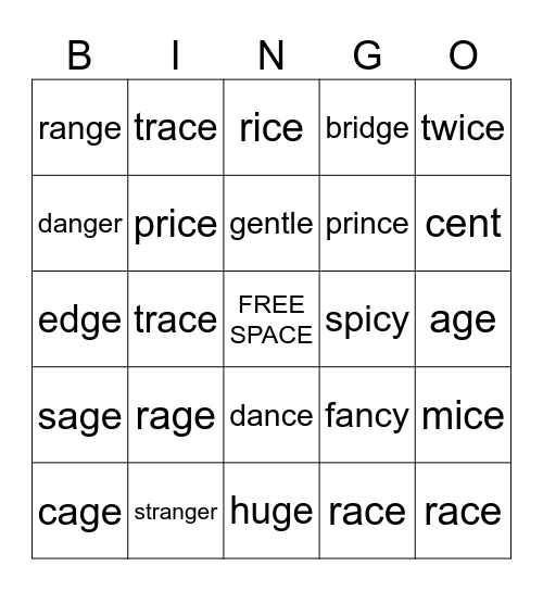 Soft c and Soft g Review Bingo Card