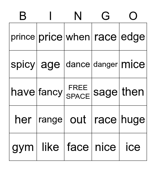 Soft c and Soft g Review Bingo Card