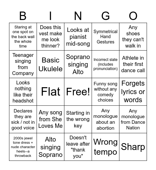 BFA Auditions Bingo Card