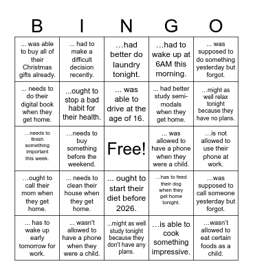 SEMI-MODALS! Find someone who... Bingo Card