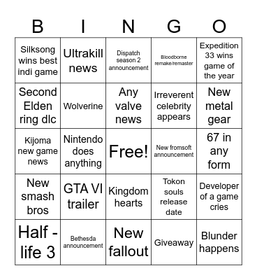 Game awards 2025 Bingo Card