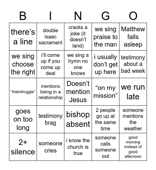 Testimony Meeting Bingo Card