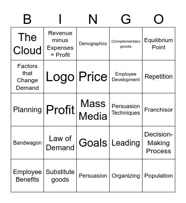 Intro to Business Semester Review Bingo Card