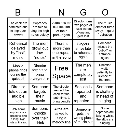 CHOIR REHEARSAL BINGO Card