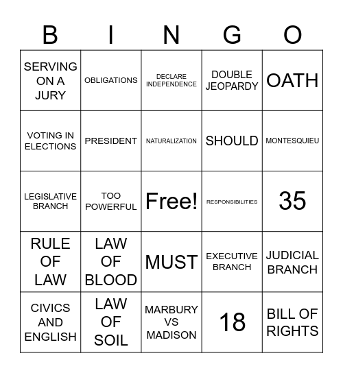 CITIZENSHIP BINGO Card