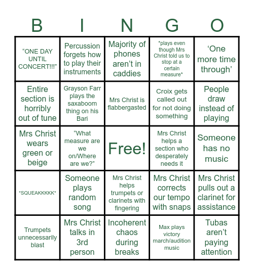 Green Band Bingo Card