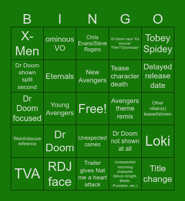 Doomsday Trailer Bingo Card