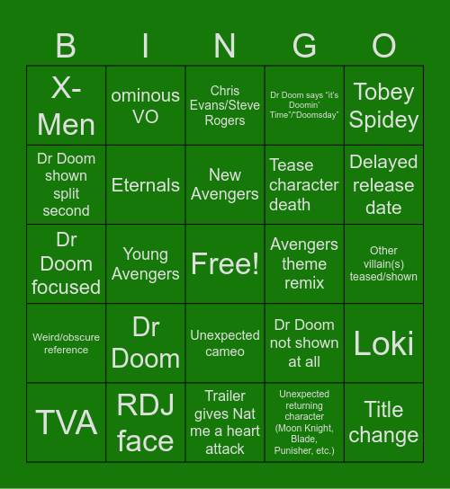 Doomsday Trailer Bingo Card