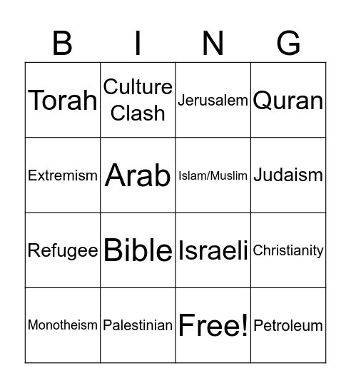 Middle East Vocab Terms Bingo Card