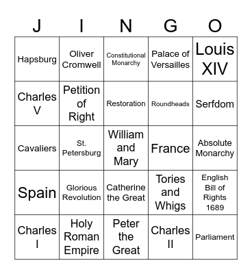 Absolutism in Europe Jingo Bingo Card