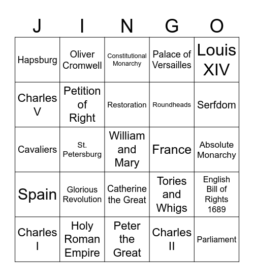 Absolutism in Europe Jingo Bingo Card