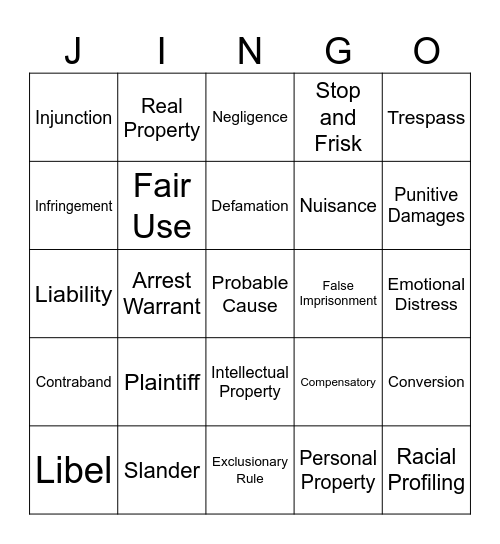 Torts and Investigation Cases Jingo Bingo Card