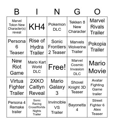 Game Awards 2025 Bingo Card