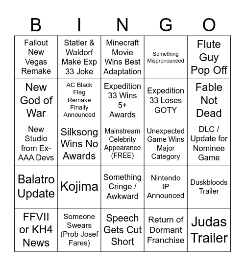 Game Awards 2025 Bingo Card