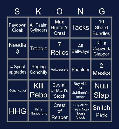 Long Silksong Bingo (Late Act 2) Bingo Card