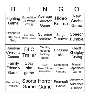 Game Awards 2025 Bingo Card