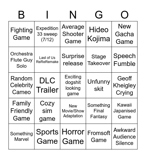 Game Awards 2025 Bingo Card