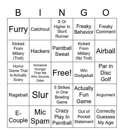 Rec Room Bingo Card