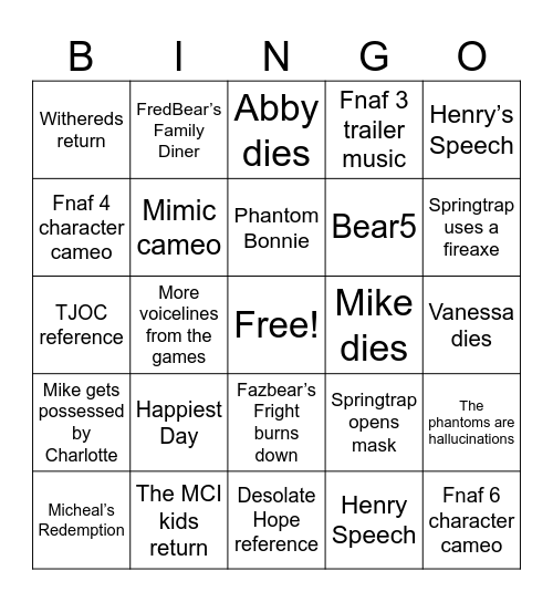 FNAF 3 Bingo Card