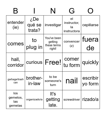 Spanish Review Unit 1-2 Bingo Card