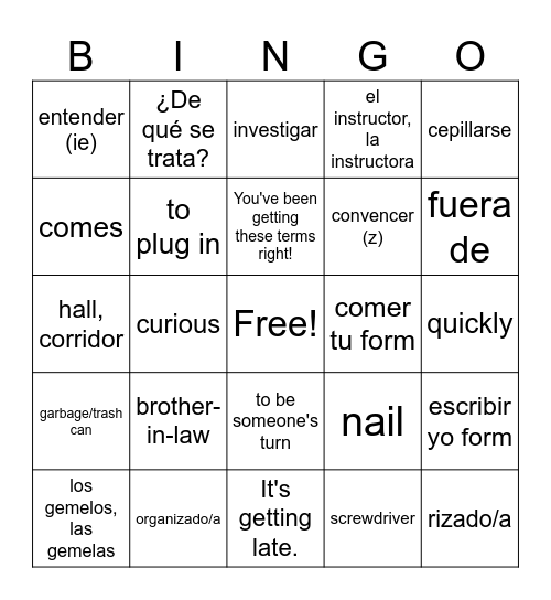 Spanish Review Unit 1-2 Bingo Card